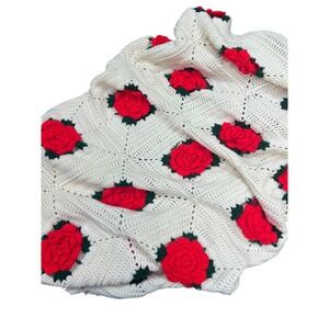 Vintage Crochet 3D Rose Afghan Blanket Granny‎ Square Red Green 48" x 66" Throw